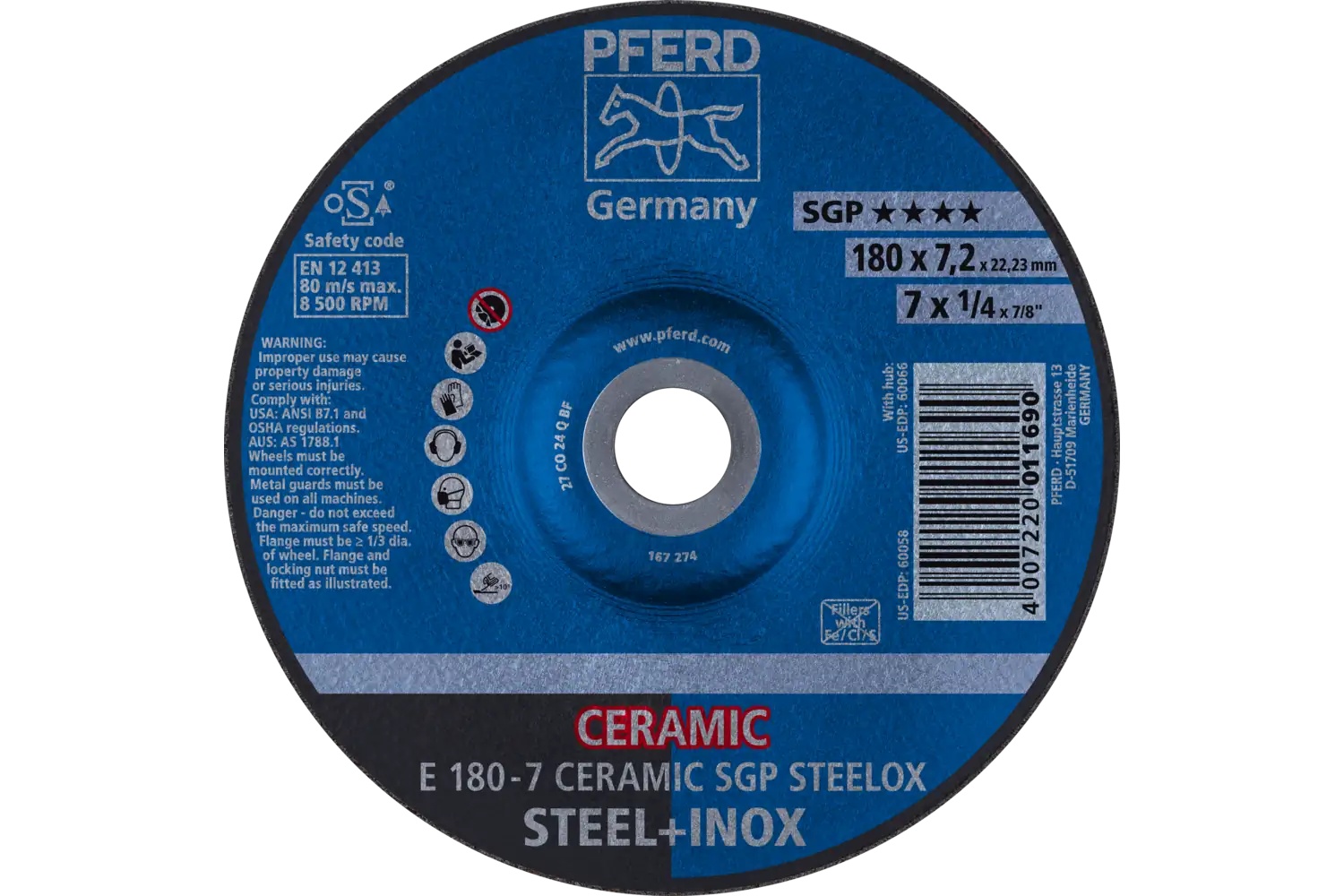 Picture of Pferd Grinding Wheel, 7" X 1/4 X 7/8, Ceramic Sgp Steelox, T27